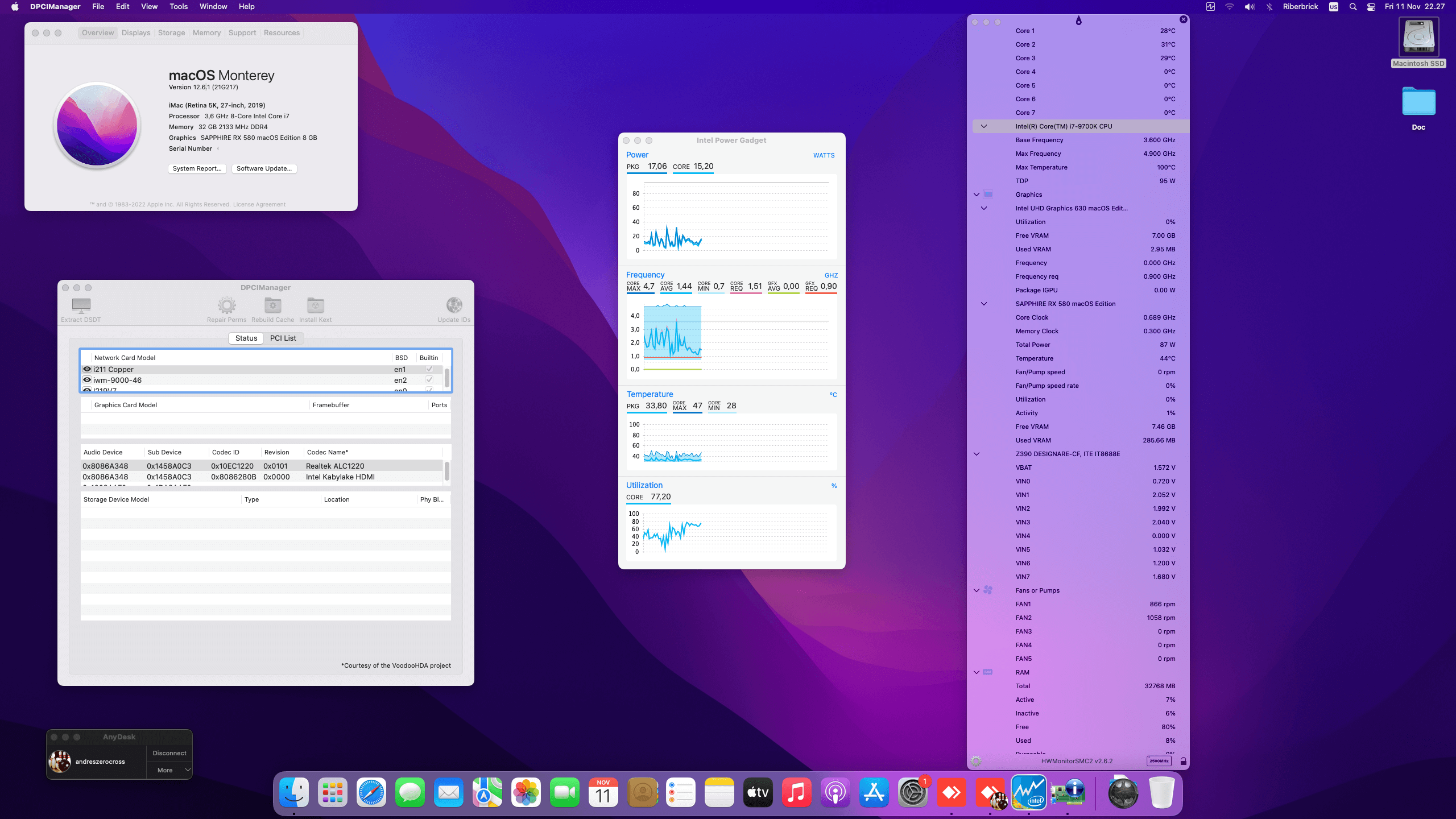 Success Hackintosh macOS Monterey 12.6.1 Build 21G217 in Gigabyte Z390 Designare + Intel Core i7 9700K + Sapphire RX 580